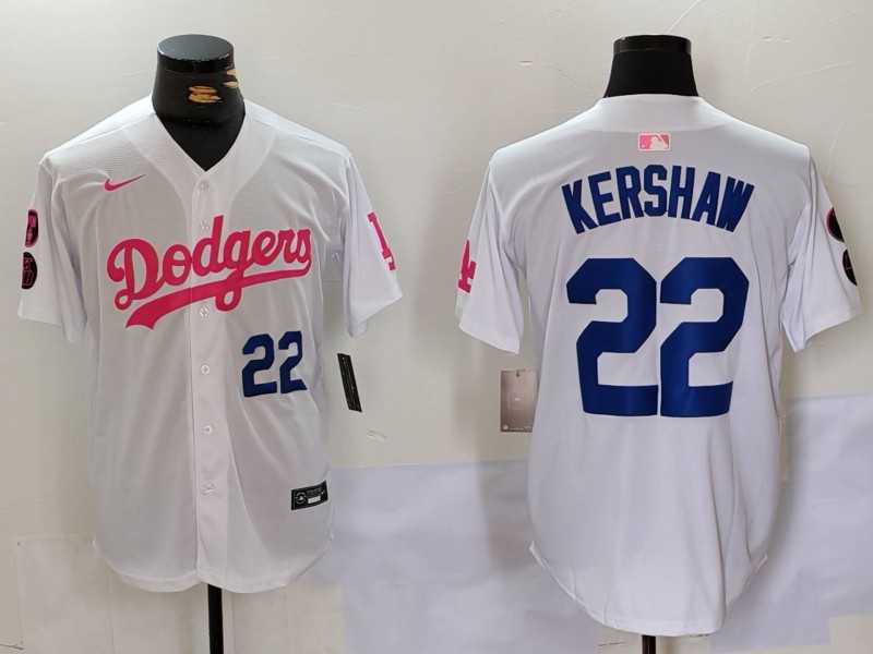 Mens Los Angeles Dodgers #22 Clayton Kershaw White Pink Vin & Kobe Patch Stitched Baseball Jersey 1